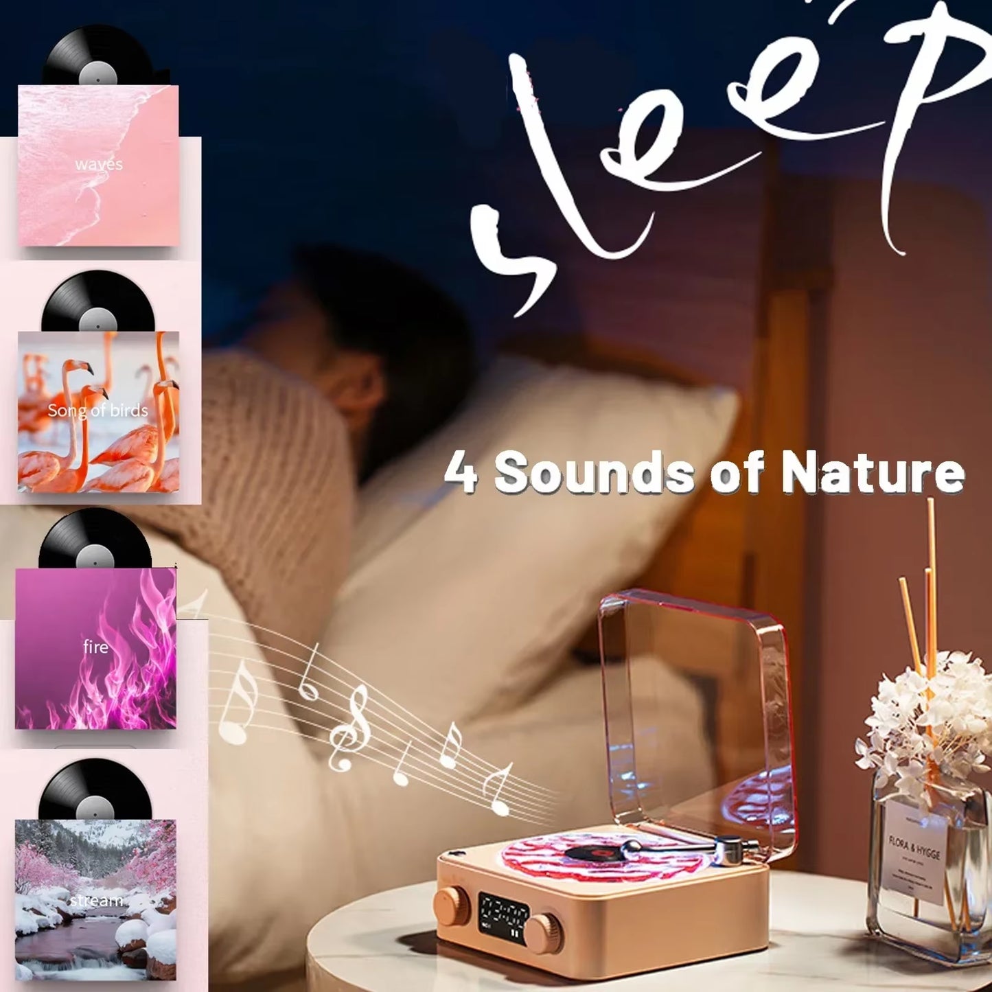 Waves Vinyl Player Bluetooth Speaker with White Noise Retro Turntable Speaker Sleep with Light and Clock